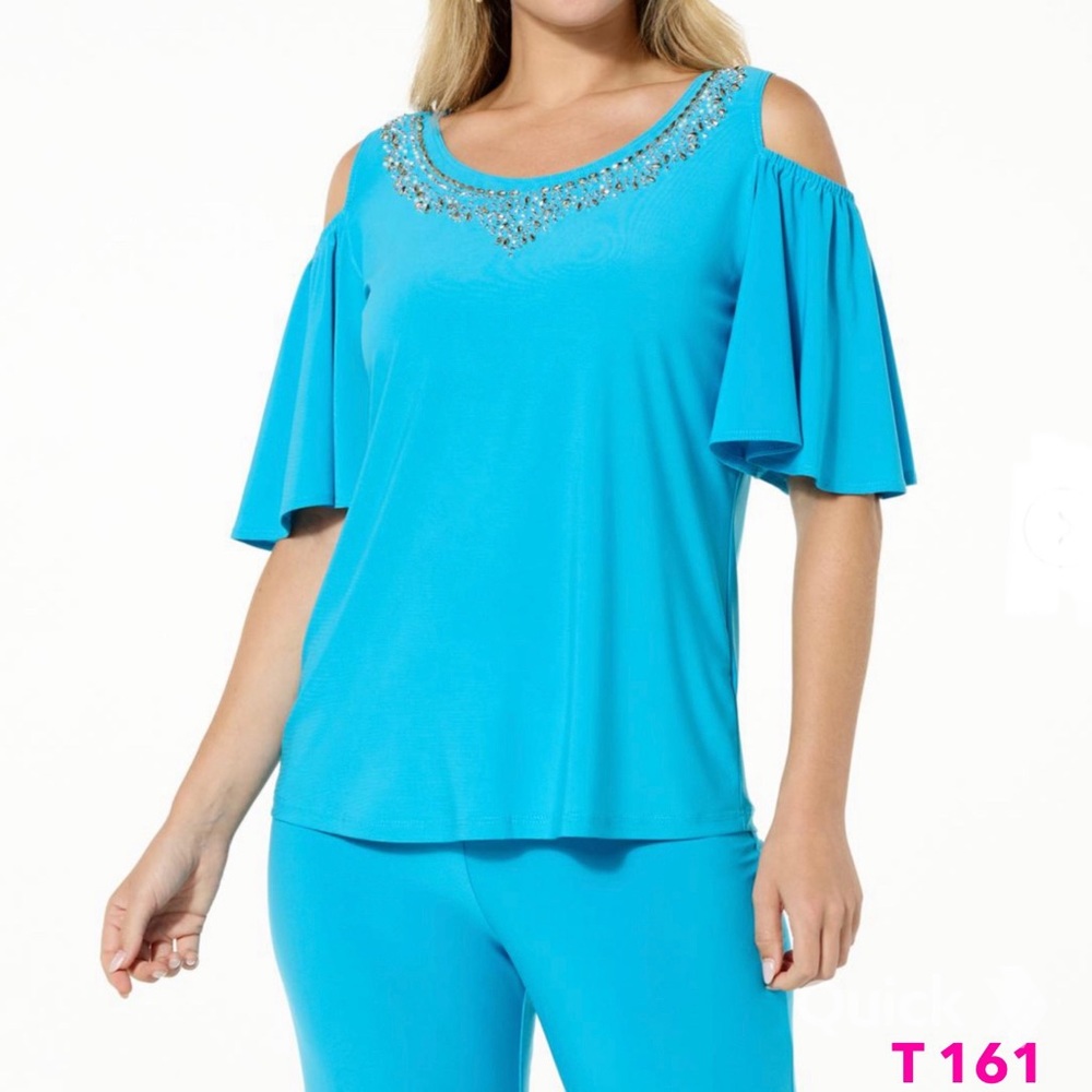 NWT Curations x Debbie Denmon Bell-Sleeve Top with Faraj Beads